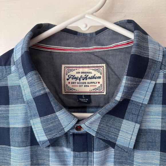 Flag & Anthem Men’s Short Sleeve Button Down Collared Shirt Blue Plaid Cotton Lg - Picture 4 of 14